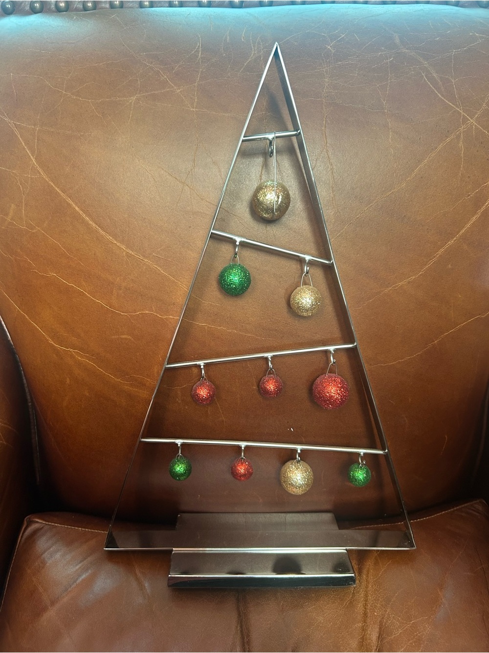 Crate&Barrel Silver Metal Triangle Ornament Tree with Red, Green, Gold Baubles